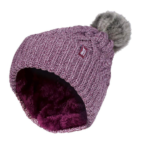 HEAT HOLDERS - Ladies Chunky Ribbed Cuffed Thermal Winter Pom Pom Bobble Beanie Hat with Fleece Lining (One Size, Rose (Solna))