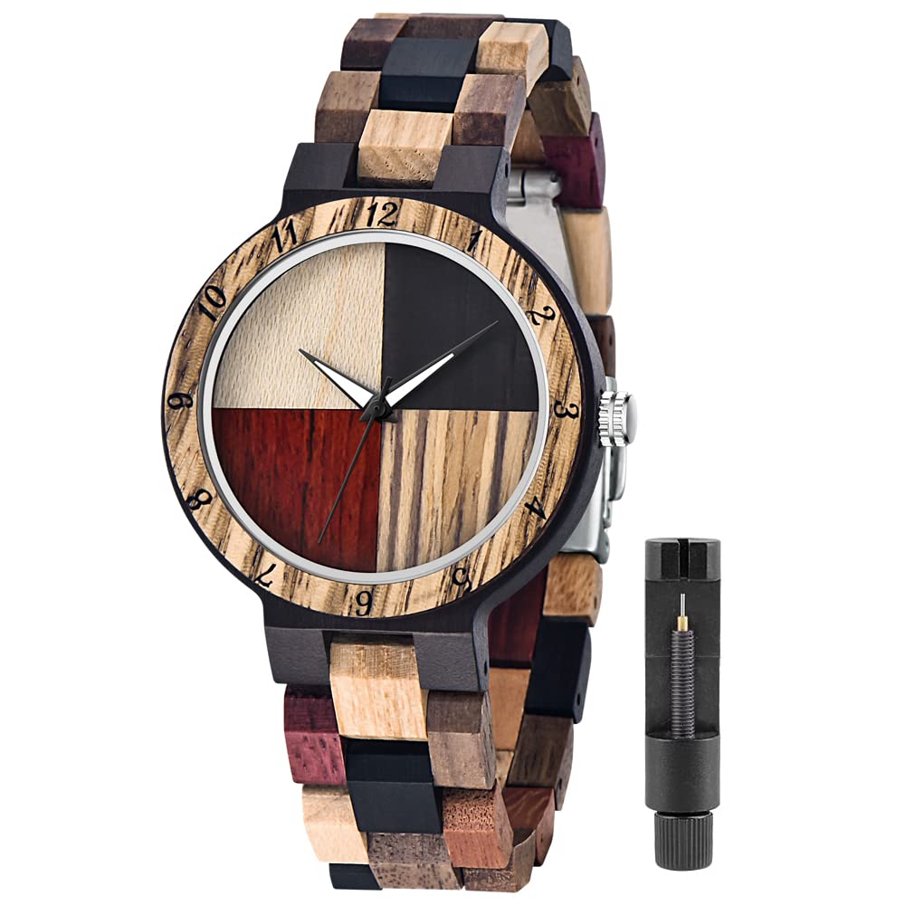Tiong Ladies Plaid Wood Design Watch Lightweight Wooden Watches with Adjustable Strap and Stainless Steel Buckle Quartz Watches for Women