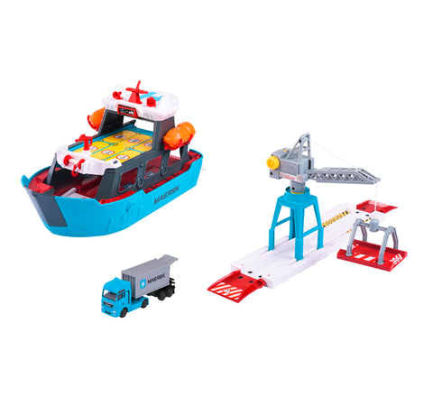 Majorette - Creatix Toy Port with Container Ship - Maersk Logistics Port Station (45 x 29 x 24 cm) with Cargo Ship, Moving Crane and Man Truck with Container, for Children from 5 Years