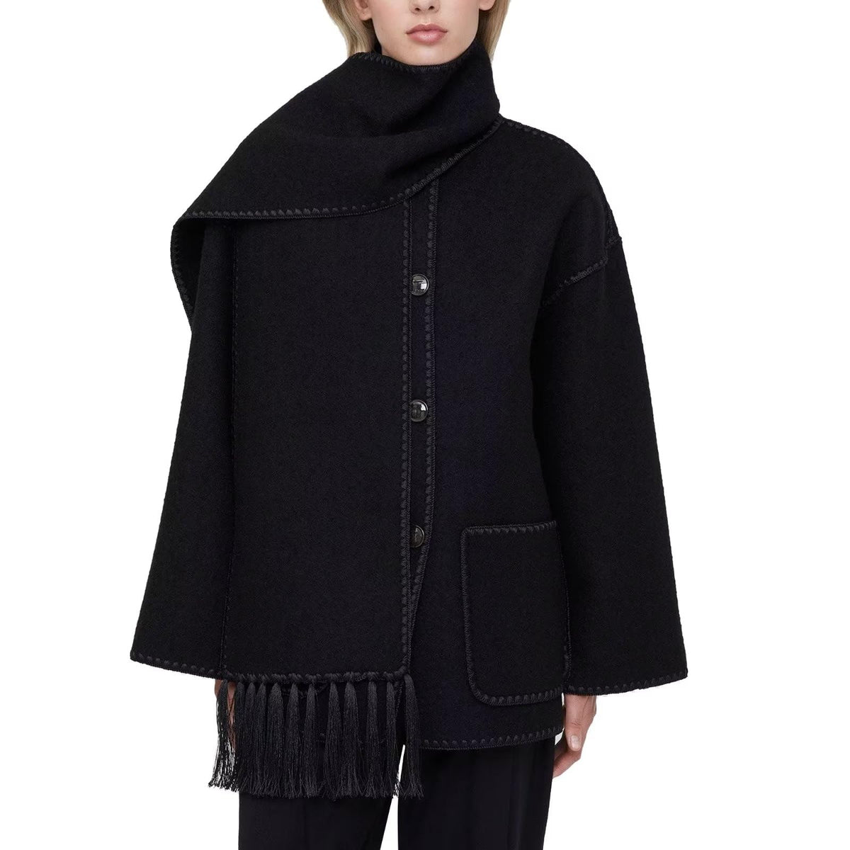 RAMOUG Women's Autumn And Winter Fashion Coat Casual Embroidery Tassel Scarf Loose Jacket With Pockets Black S
