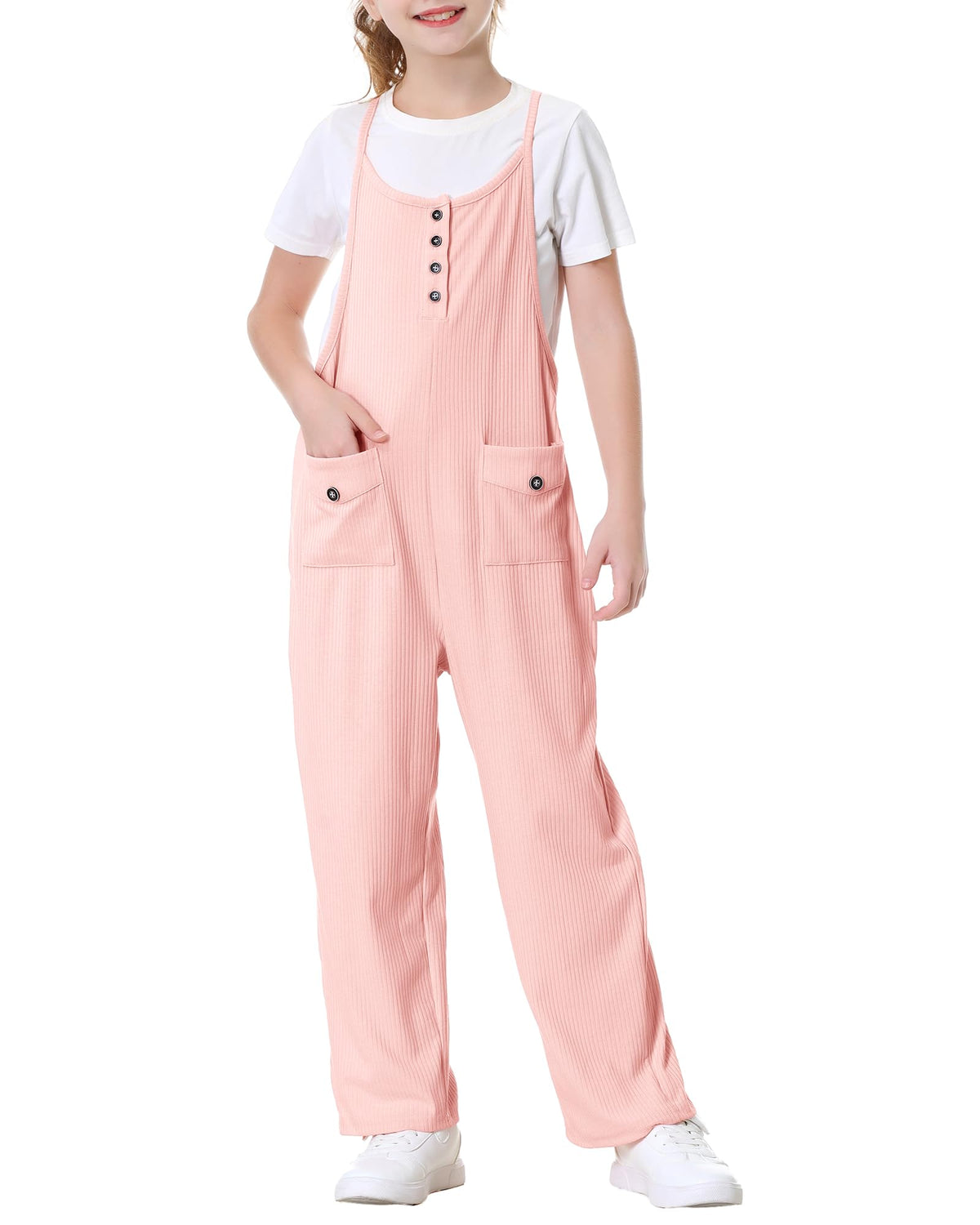 Rolanko Girls Jumpsuits Dungarees Sleeveless Adjustable Strapes Overalls Loose Playsuits Rompers Long Pants with Pockets for Teen Kids, Pink, Size: 6-7 Years/130