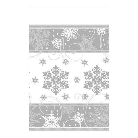 Sparkling Snowflake Paper Table Cover Disposable Tableware Decoration (1 Piece), Silver/White, 54" x 102".