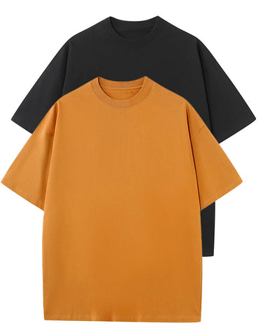 Wyeysyt 2 Pack Womens Oversized T Shirts Short Sleeve Baggy Tee Cotton Crew Neck Loose Basic Shirts Solid Summer Unisex Tops(BlackKhaki-L)