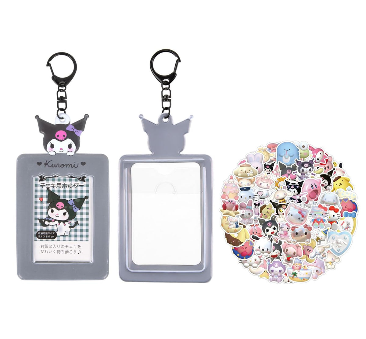 01 Kawaii Photocard Holder + 22 Cute Stickers Kawaii Kpop Photocard Holder Keychain Pendant Storage Bag Stationery Card Case (Black)