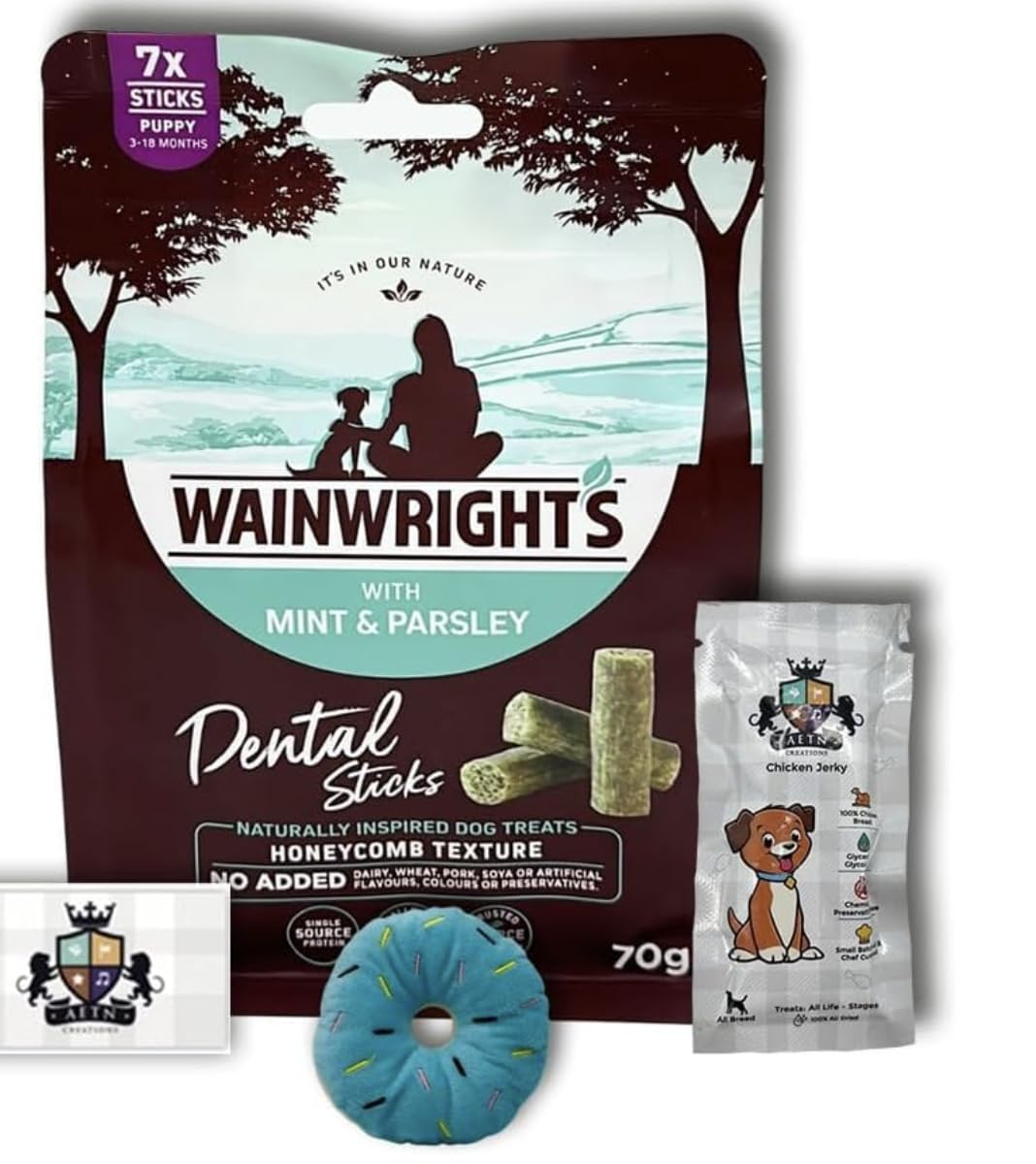 AETN Creations Wainwright's Puppy Dental Sticks 70g with Mint and Parsley Pack plus AETN Jerky Dog Treat, Promotes Healthy Teeth and Gums in Growing Puppies