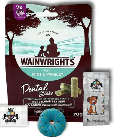 AETN Creations Wainwright's Puppy Dental Sticks 70g with Mint and Parsley Pack plus AETN Jerky Dog Treat, Promotes Healthy Teeth and Gums in Growing Puppies
