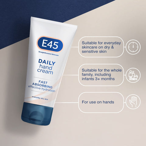 E45 Daily Hand Cream 50 ml - E45 Hand Cream for Very Dry Hands - Hand Moisturiser for Dry Skin and Sensitive Skin - Non-Greasy Hand Repair Cream for Soft and Supple Hands - Fast Absorption Formula