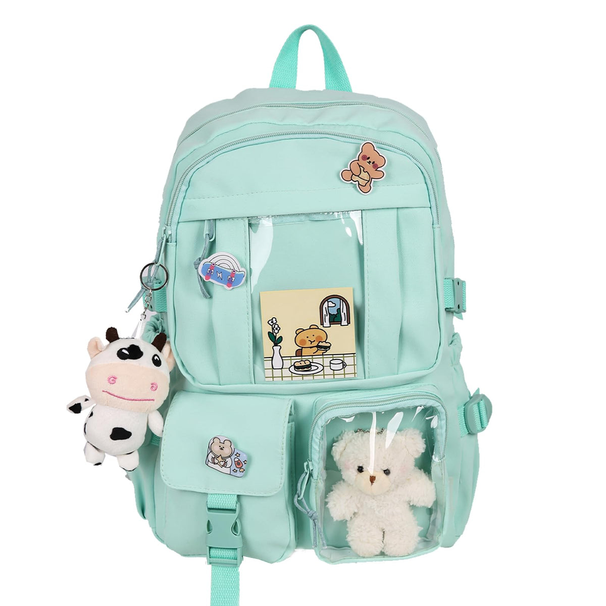 youcoscos Kawaii Backpack with Bear Plush Kawaii Pin Accessories Cute Aesthetic Bookbag School Bags for Girls Teen (Simple, Green)