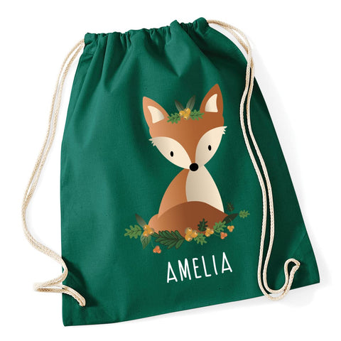 Hippowarehouse Personalised fox woodland creature Drawstring Cotton School Gym Bag 37cm x 46cm, 12 litres
