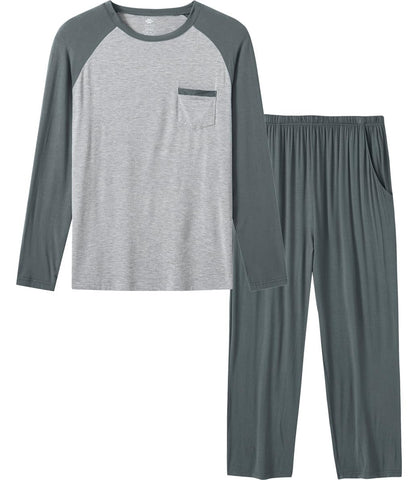 MoFiz Men's Pajama Set Long Sleeve Crew Neck Shirts Bottom Pants Modal Sleep Set 2 pieces Light Soft Jammies Bedroom Night Suit (B-Blue Grey,XL)