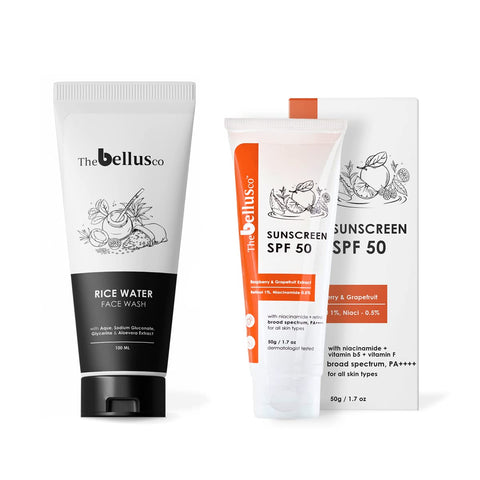 The Bellus Co Rice Water Facewash - 100 Ml And Sunscreen for Oily Skin SPF 50 and PA++++, 50 g (Pack of 2)