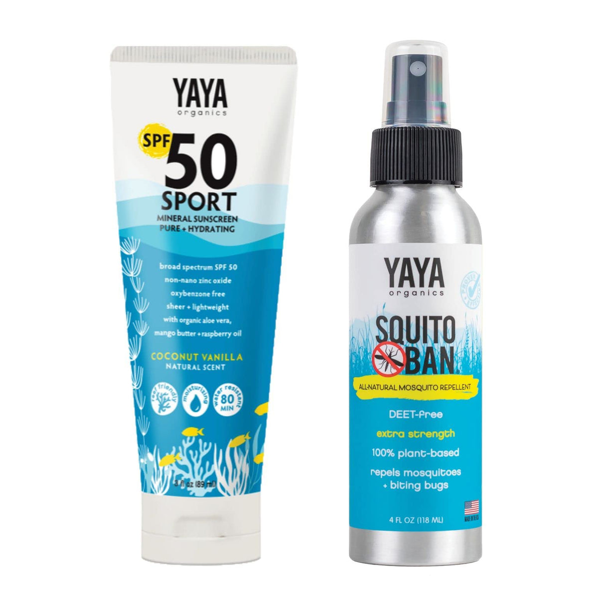 SPORT Sun + Bug Protection Bundle by YAYA Organics | Reef-friendly SPF 50 Mineral Sunscreen Lotion and Deet-free Squito Ban Natural Mosquito Repellent | Eco-Friendly | 3 oz / 4 oz