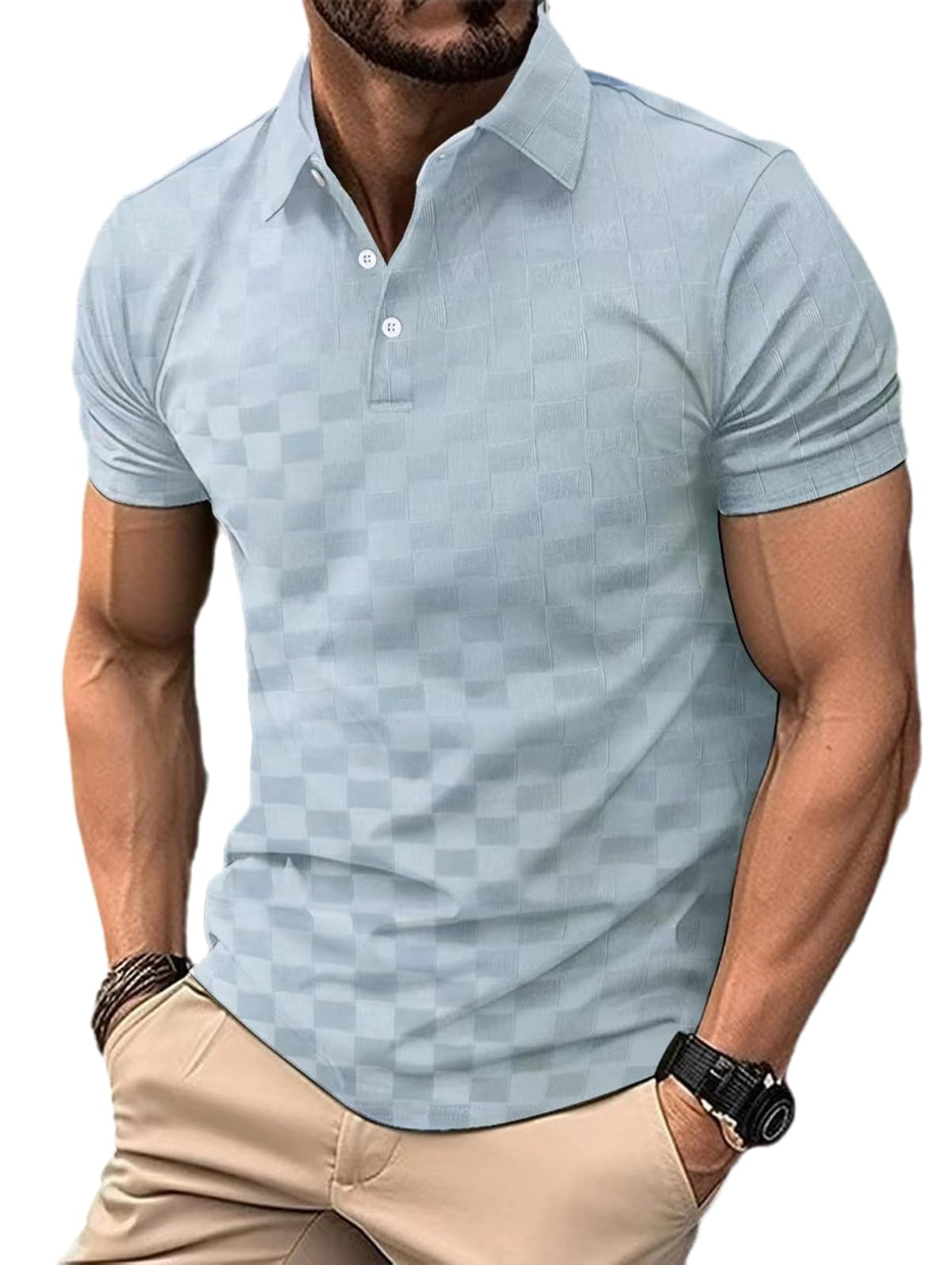 Men's Plaid Jacquard Polo Shirt Summer Solid Color Casual Loose Short Sleeve Polo Tshirts S Sky Blue