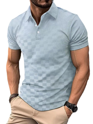 Men's Plaid Jacquard Polo Shirt Summer Solid Color Casual Loose Short Sleeve Polo Tshirts S Sky Blue