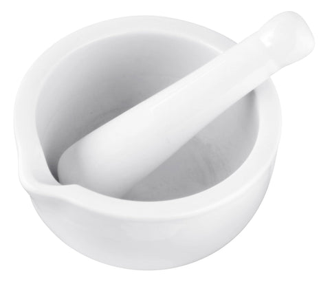 Fackelmann Pestle & Mortar 11cm, Porcelain, Stone Bowl & Grinder Set with Pouring Lip, Crush & Mash Herbs & Spices, 12x11.5x6.5cm, White