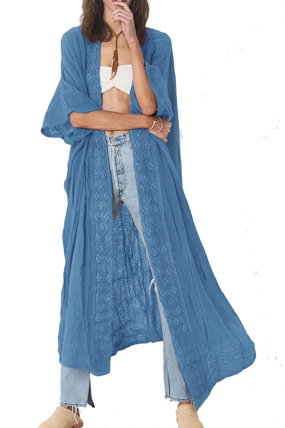 YouKD Women's Solid Color Long Kimono Maxi Cardigan Dress Pluse Size Loungewear Bikini Beach Robes