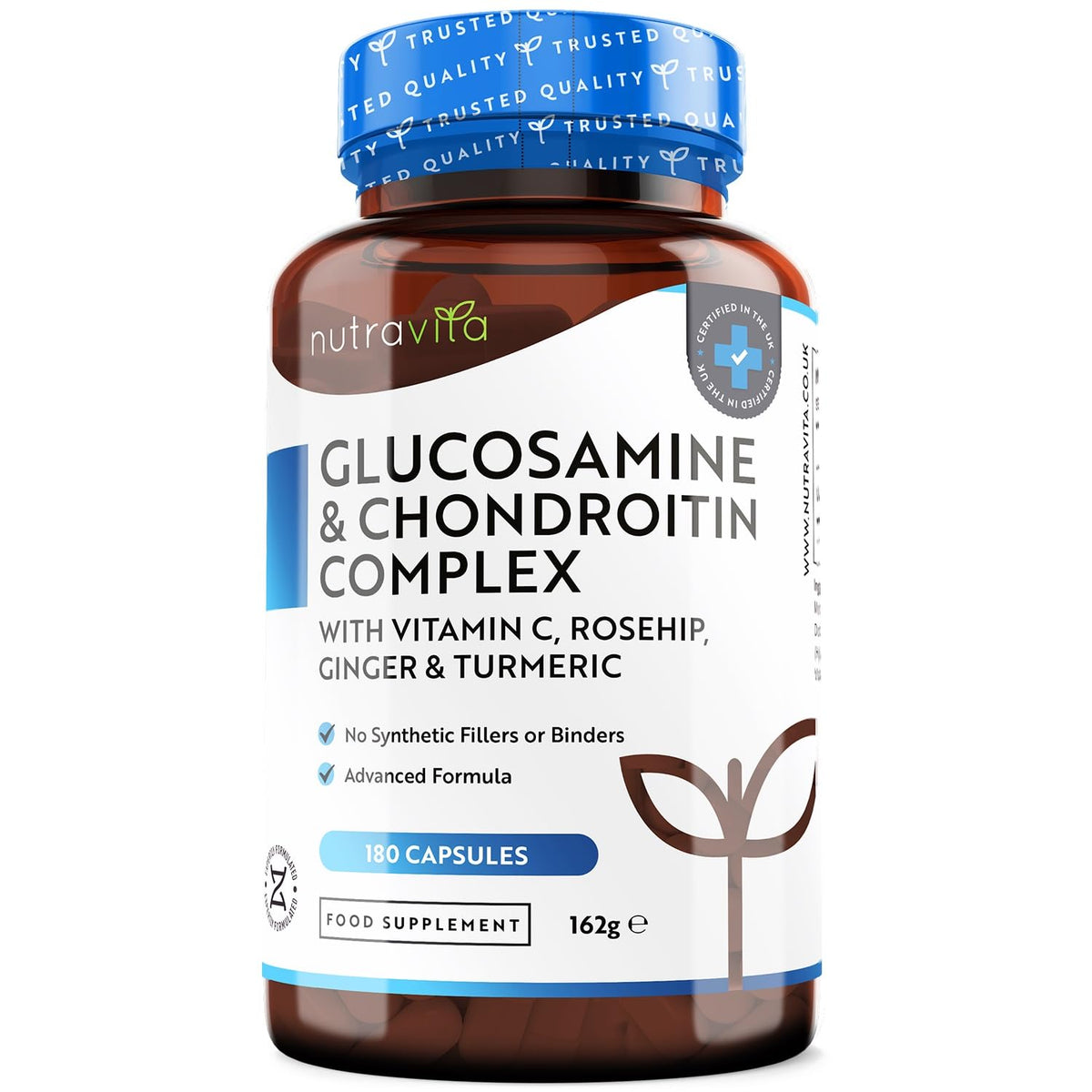 Glucosamine and Chondroitin Complex - 180 High Strength Capsules - Contributes to The Maintenance of Normal Immune System - with Vitamin C, Turmeric, Ginger and Rosehip - Made in The UK by Nutravita