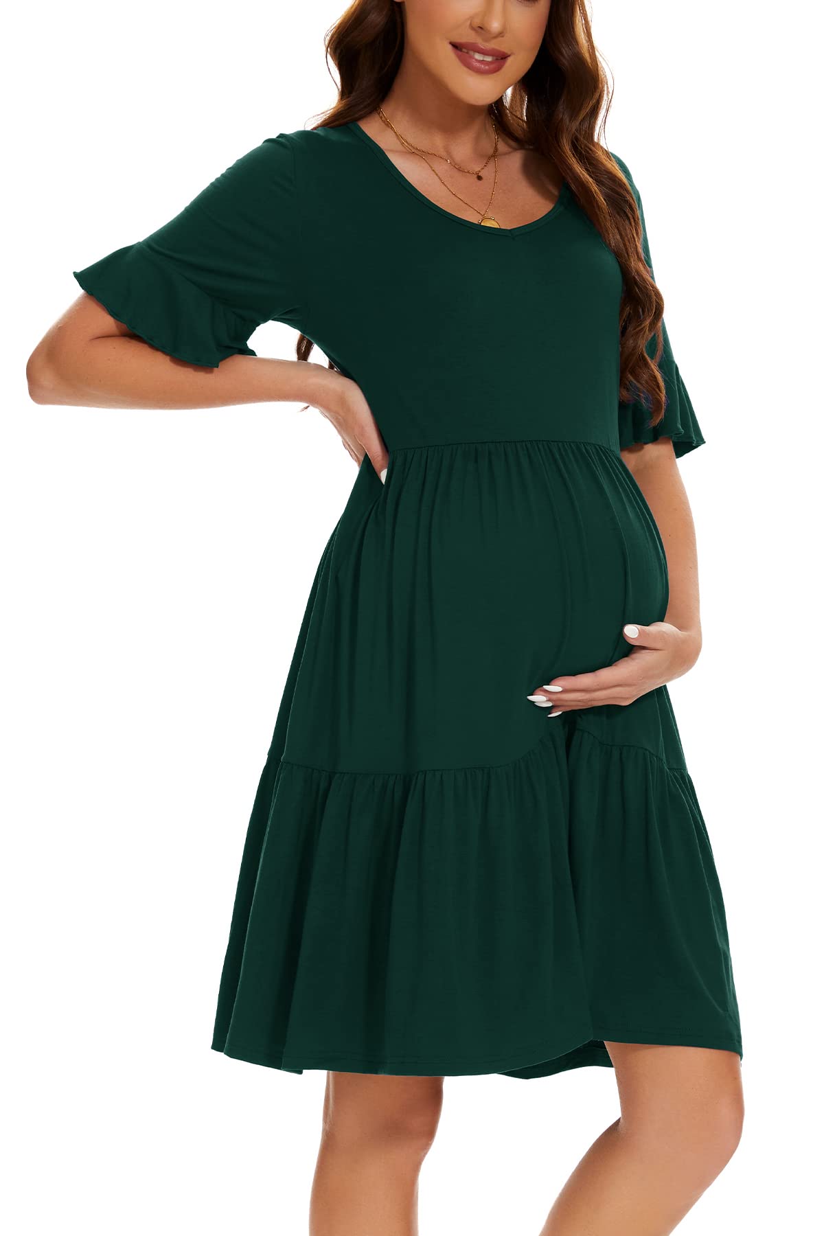 Smallshow Women's Maternity Dress Ruffle Short Sleeve Pregnancy Clothes Summer Medium,Deep Green