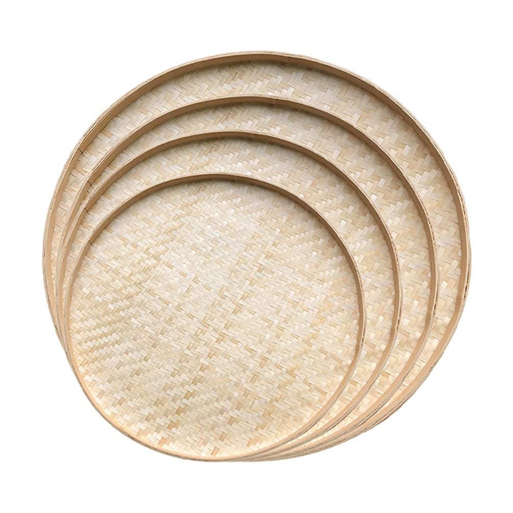 4 Pcs Handwoven Flat Wicker Round Fruit Basket Woven Food Storage Weaved Shallow Tray Organiser Vegetable Fruit Bowl DIY Drawing Board Wall Basket Decor for Kitchen Table Centerpiece