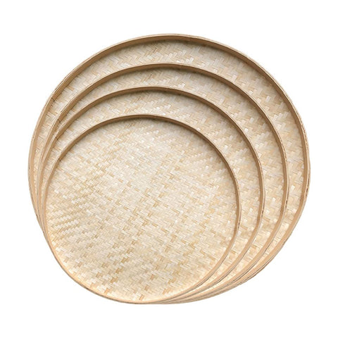 4 Pcs Handwoven Flat Wicker Round Fruit Basket Woven Food Storage Weaved Shallow Tray Organiser Vegetable Fruit Bowl DIY Drawing Board Wall Basket Decor for Kitchen Table Centerpiece