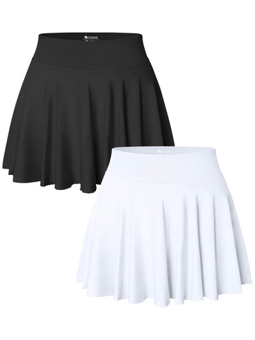 OQQ Women 2 Piece Skirts 2 in 1 Flowy Basic Versatile Stretchy Flared Casual Mini Skirts Blakc White