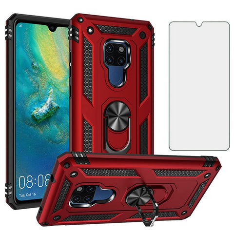 Phone Case for Huawei Mate 20 X with Tempered Glass Screen Protector Cover Stand Ring Holder Shockproof Silicone Heavy Duty Accessories Magnetic Metal Hard Hawaii Hwauei 20x Mate20x Mate20 5G Red