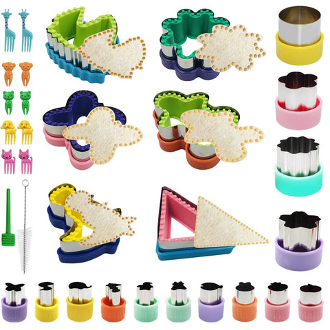 32 Pcs Sandwich Maker, FineGood Sandwich Cutter Set Vegetable Fruit Cookie Cutters and Sealer DIY Lunch Box Accessories for Kids with Picks