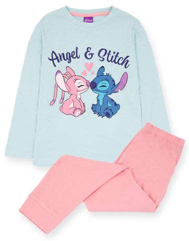Disney Lilo & Stitch Girls Pyjama Set | Blue Long Sleeve T-Shirt and Pink Long Leg Bottoms PJs | Children & Toddlers Sleepwear