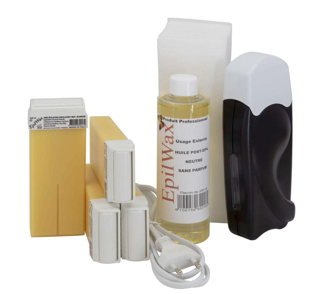 EpilWax Complete Hair Removal Waxing Kit - With Wax Roll-on Cartridges, Roll On Wax Heater, 100 Strips and Waxing Oil (White (Vanilla), 4)