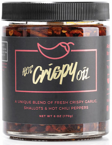 Hot Crispy Oil, An all natural unique blend of fresh fried shallots, fresh garlic and a proprietary blend of three different chili peppers. Highly addictive.