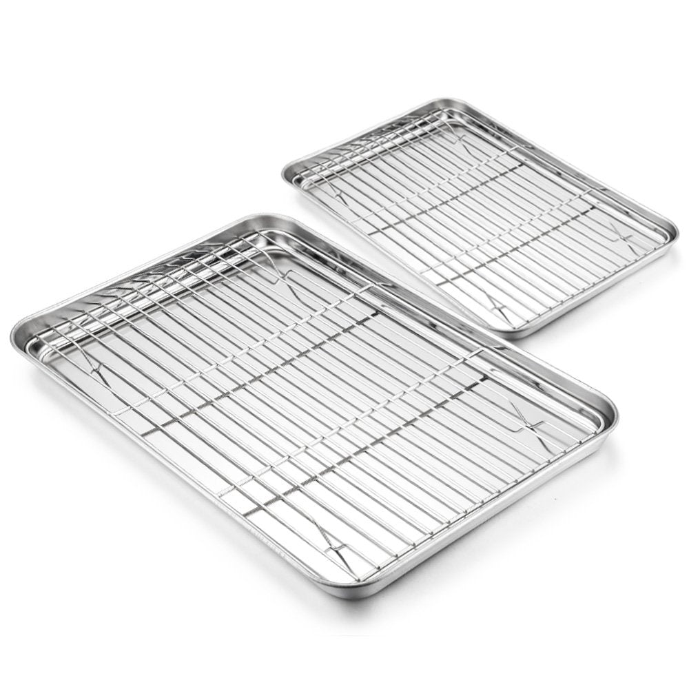 HaWare Baking Tray with Rack Set - 4 Pack (2 Trays+2 Racks), Stainless Steel Baking Sheet Toaster Pan Cookie with Cooling Rack - Healthy & Non Toxic, Mirror Finish & Dishwasher Safe