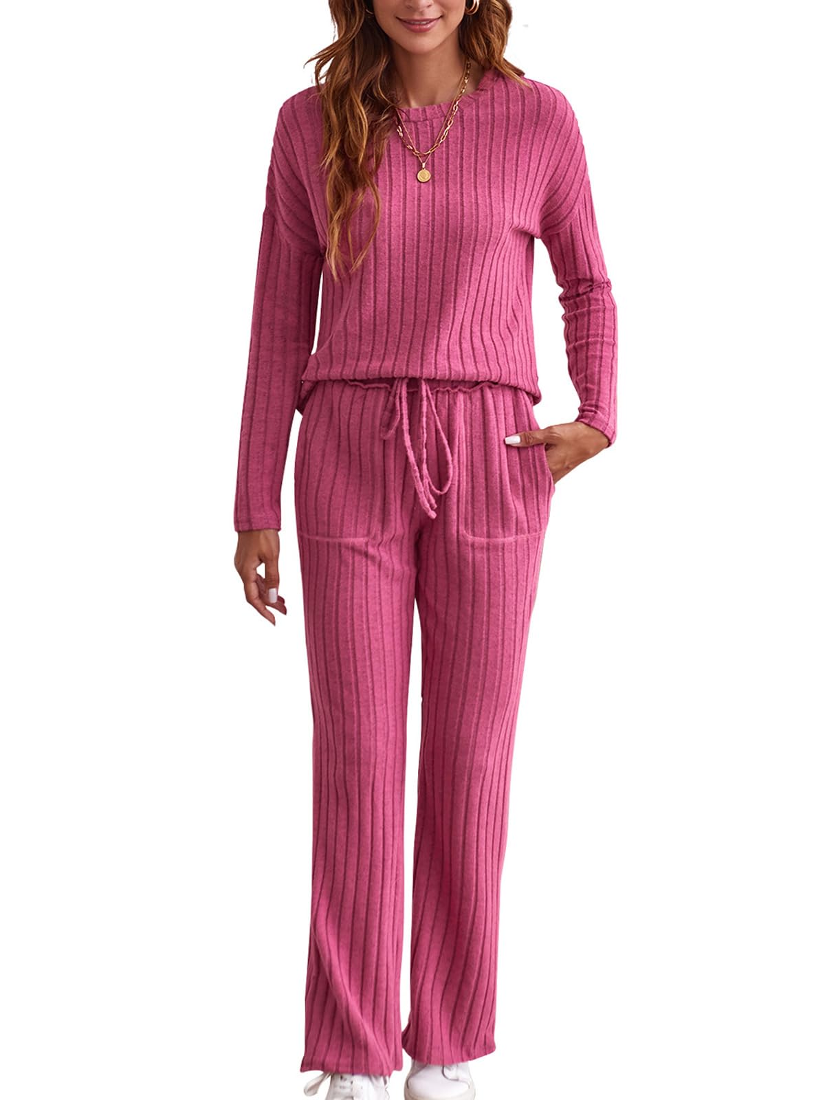 Sumtory Long Sleeve Two Piece Outfits for Women Matching Pants Sets Petite Loungewear Sets Hot Pink M