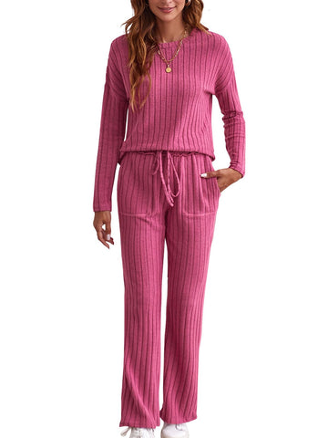 Sumtory Long Sleeve Two Piece Outfits for Women Matching Pants Sets Petite Loungewear Sets Hot Pink M