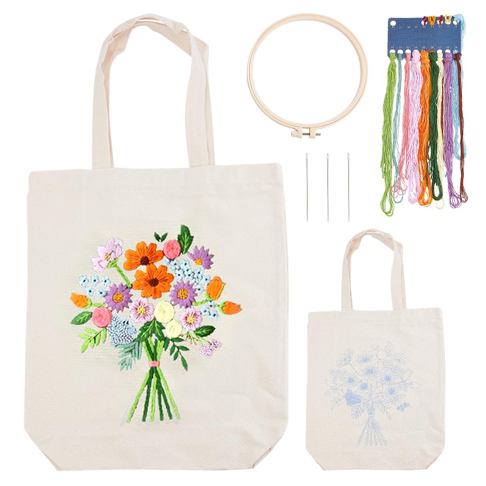 WADORN DIY Canvas Tote Bag Embroidery Kit, Flower Pattern Canvas Bag Materials Making Set DIY Embroidery Bag Cross Stitch Kits Personalized Canvas Bag Kits Include Hoops Needles for Adults, Beige