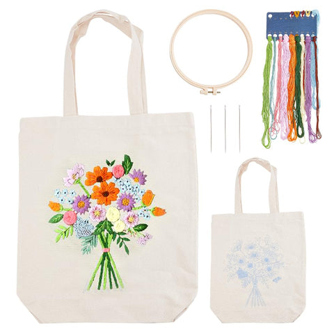 WADORN DIY Canvas Tote Bag Embroidery Kit, Flower Pattern Canvas Bag Materials Making Set DIY Embroidery Bag Cross Stitch Kits Personalized Canvas Bag Kits Include Hoops Needles for Adults, Beige