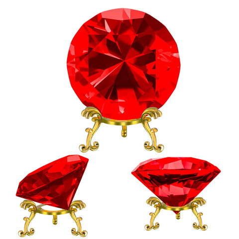 SWTHONY 80mm(3.15 inch) Crystal Diamond Paperweight, Diamond Backgrand for Nail Pictures, Wedding Table Decorations, Big Fake Diamond with Gold Metal Base (Ruby)