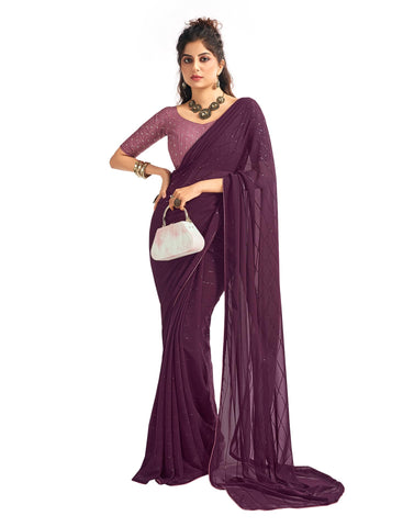 SIRIL Women's Georgette Sequence Work Saree with Unstitched Blouse Piece (3475S702_Deep Purple)