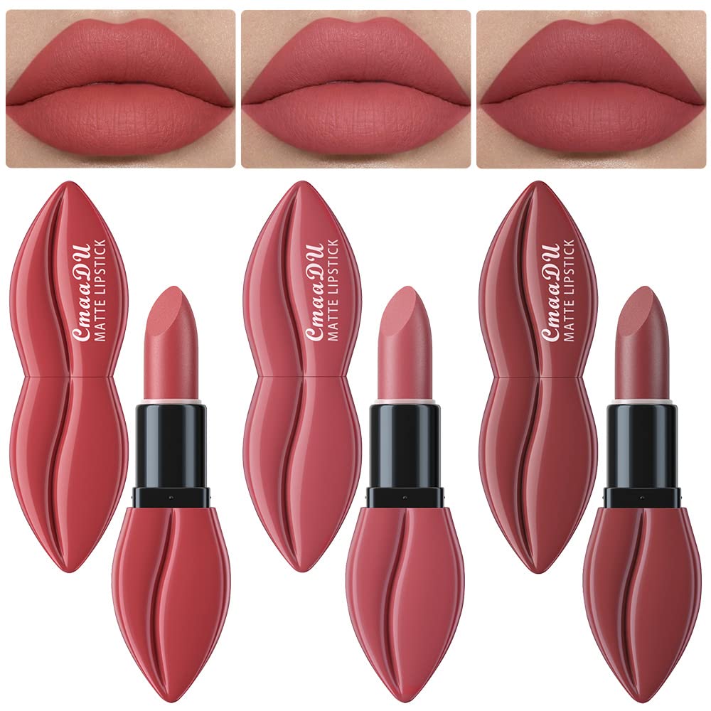 evpct 3Pcs Nude Pink Mauve Brown Matte Velvet Lipstick Set Long Lasting Waterproof Smudge Proof 24 Hours Matte Lip Stick Packs Lip Stain Makeup Set for Women labiales matte larga duracion 24 06#07#09#