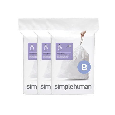 simplehuman CW0251 code B Custom Fit Bin Liner Bulk Pack, White Plastic (3 Pack of 30, Total 90 Liners)