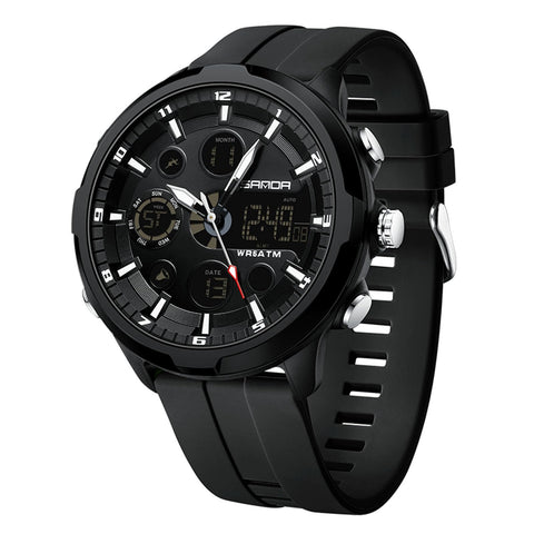 RORIOS Men's Dual Display Watch Sport Digital Wristwatch Analog Quartz Wrist Watch Fashion Multifunctional Watch Electronic Waterproof Watch Silicone Strap Black