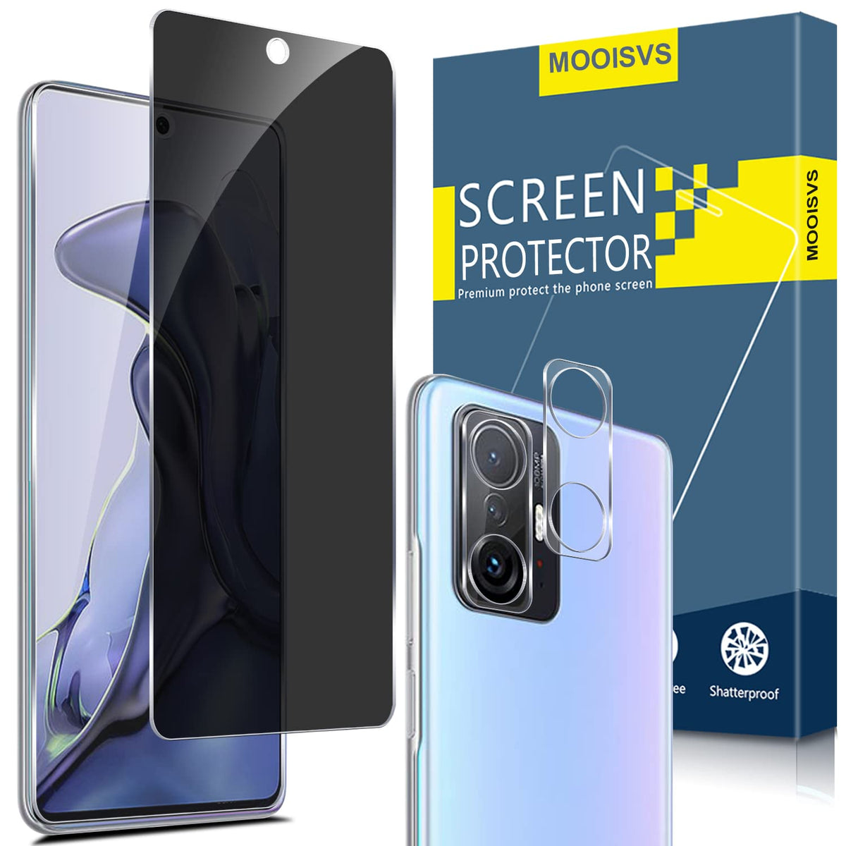 MOOISVS [2+2 for Xiaomi 11T 5G/11T Pro 5G Privacy Tempered Glass Screen Protector (2packs) with Camera Lens Protector(2packs),Ultra HD Tempered Glass Film,Anti-Spy,9H Hardness,Anti-Scratch
