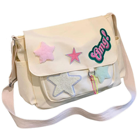 Cute Messenger Bag, Kawaii Canvas Crossbody Bag Y2K Star Purse for Women, White
