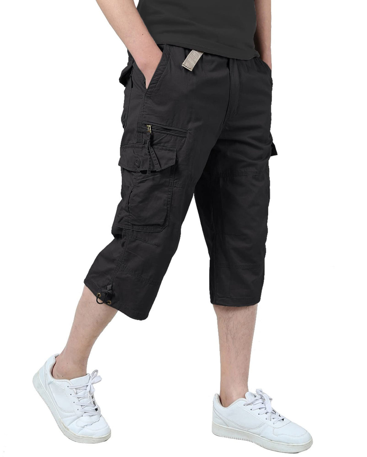 TIANBA Mens 3/4 Long Cargo Shorts Loose Fit Elastic Work Capri Shorts Below Knee Casual with 7 Pockets, Black, 34