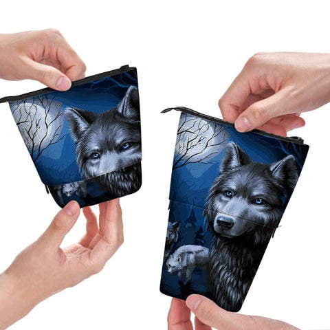 Swono Dark Night Wolf Pencil Case Full Moon Standing Pencil Case Pencil Pouch Pencil Holder Dark Blue