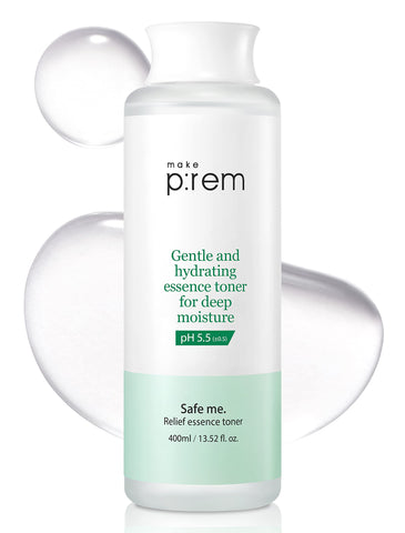MAKEPREM Safe Me. Relief Essence Toner - Gentle Deep Hydrating pH 5.5 sub-Acid 13.52 Fl Oz - Vegan Certified Dermatological Tested Hypoallergenic EWG Green-Graded Ingredients Free of Paraben, Sulfate