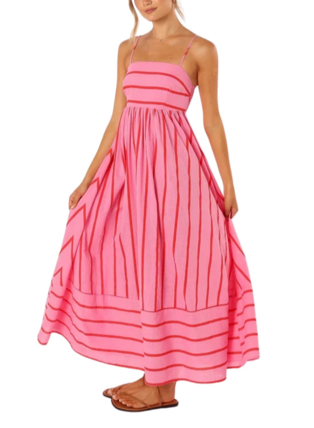 yoeasy Women's Striped Spaghetti Strap Cutout Maxi Dress Sleeveless Backless Flowy Swing Long Dress (Large, Red)