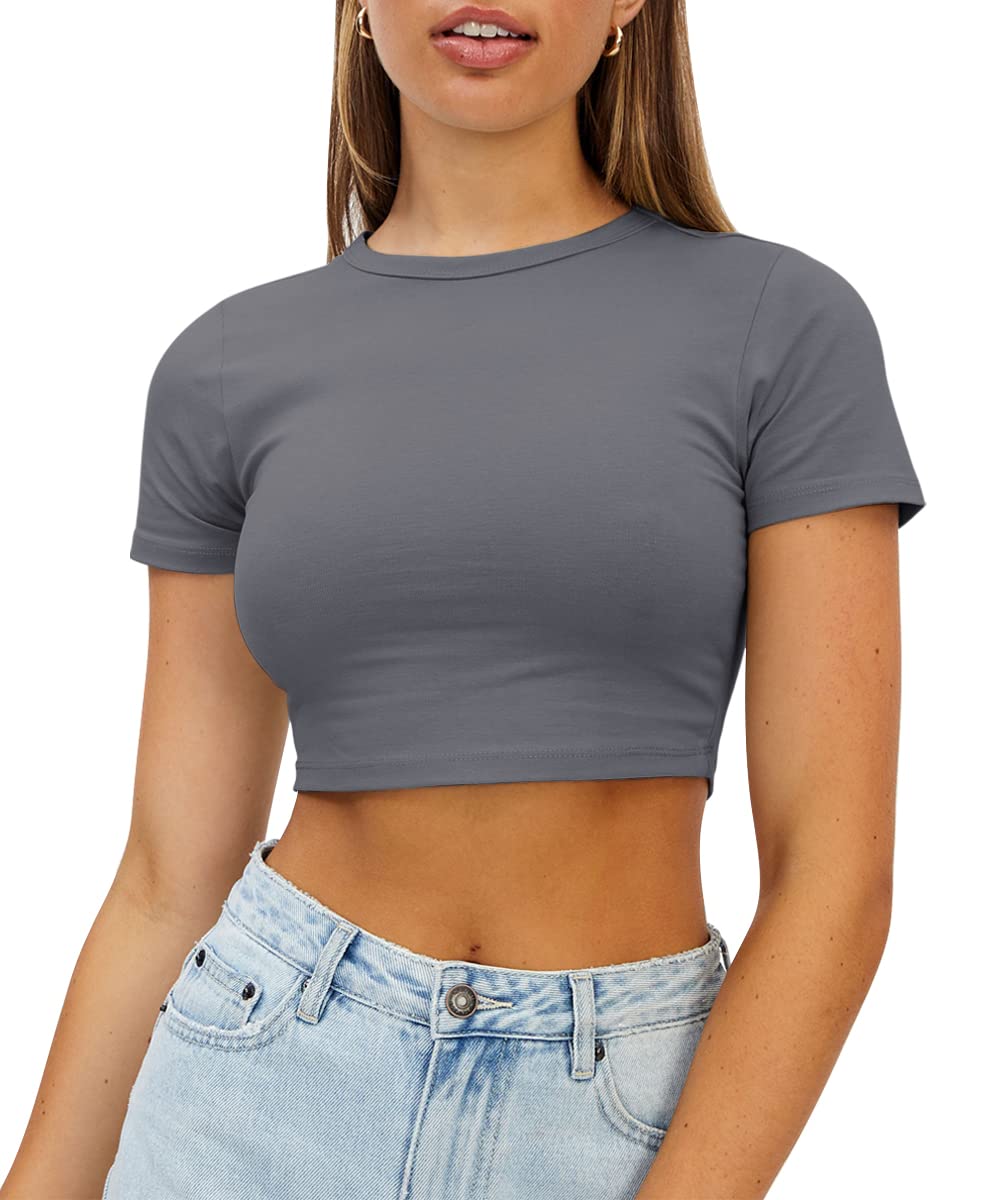 WYNNQUE Crop Tops for Women 2024 Cute Trendy Basic Going Out Tops Casual Summer Short Sleeve T Shirts Baby Tees Cropped Y2k Tops Spring Short Sleeve Tops Teen Girls Clothes Grey