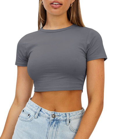 WYNNQUE Crop Tops for Women 2024 Cute Trendy Basic Going Out Tops Casual Summer Short Sleeve T Shirts Baby Tees Cropped Y2k Tops Spring Short Sleeve Tops Teen Girls Clothes Grey