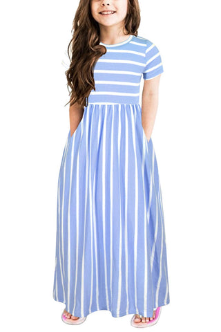 GORLYA Girl's Short Sleeve Floral Print Loose Casual Holiday Long Maxi Dress with Pockets 4-12 Years (4-5Years/Height:110cm, Blue Stripe)