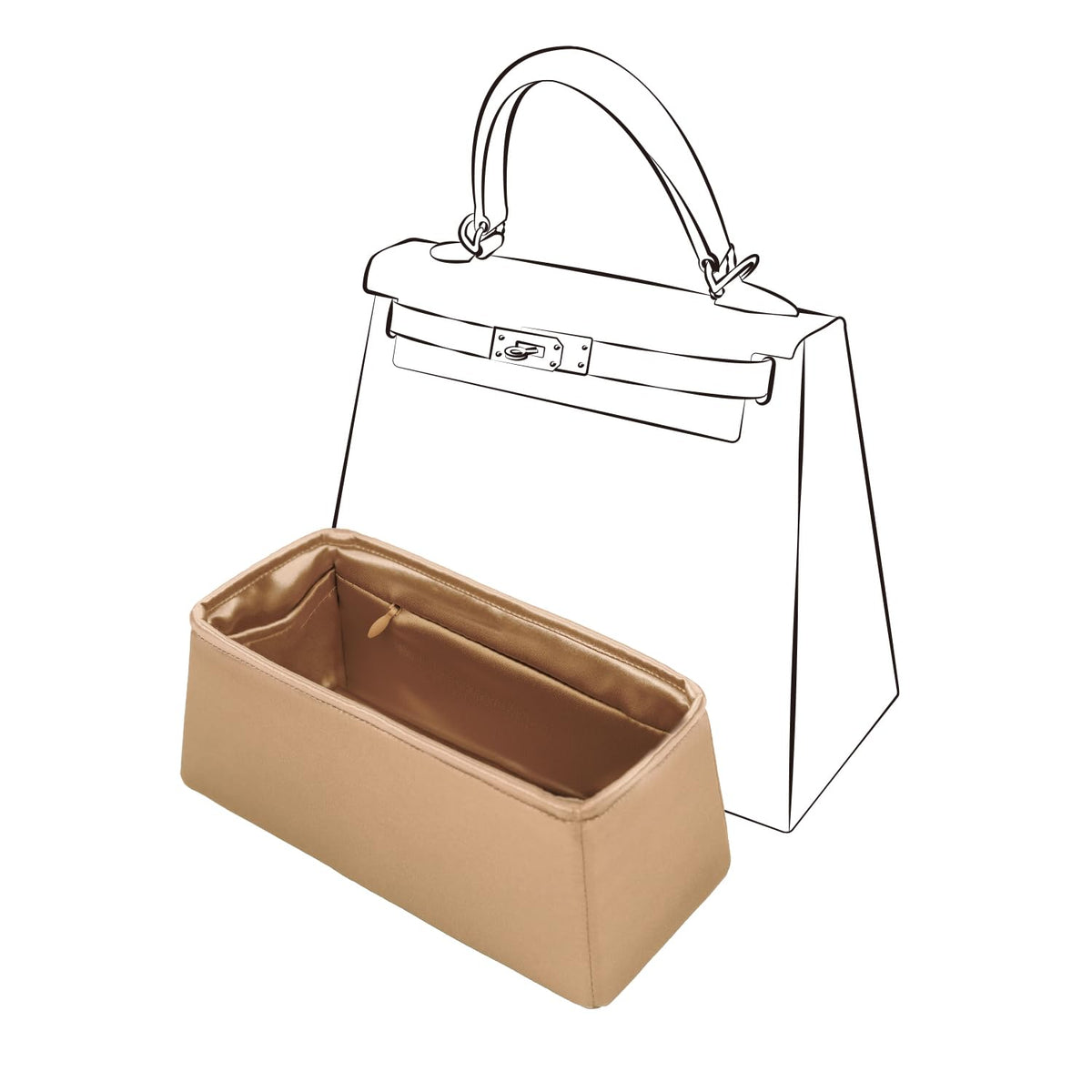 JLYZ Moon Purse Organizer Insert Silk fabric for Women Handbags&Totebag,Bag Organizer with Zipper Compatible with Kelly (Kelly25 with Zipper,Champagne)